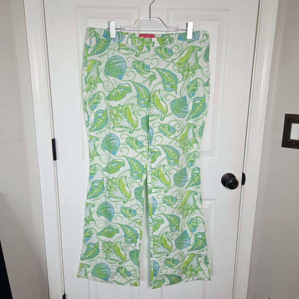 Lilly Pulitzer Jubilee Pants Womens 14 Seashell Leaf Print Green Blue Cotton